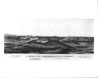 En allmän beskåda av det stora slaget vid Solferino, 24 juni 1859, från en skiss av Chevalier Giacomelli, pub. av Lang und Laing, c.1859
